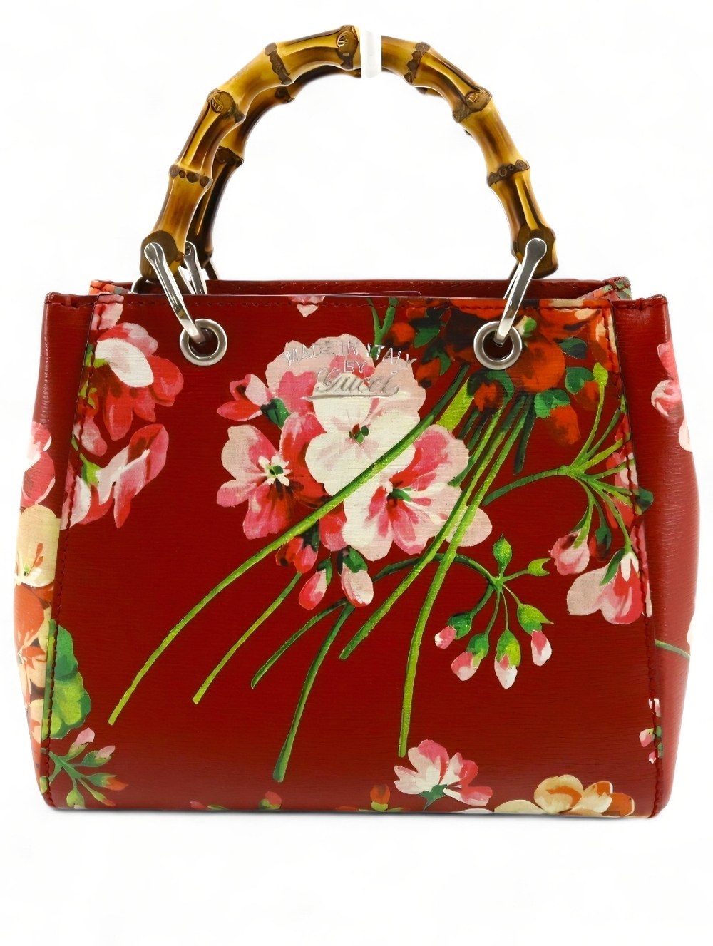GUCCI Floral Bamboo Top Handle Crossbody Tote Bag Red Leather